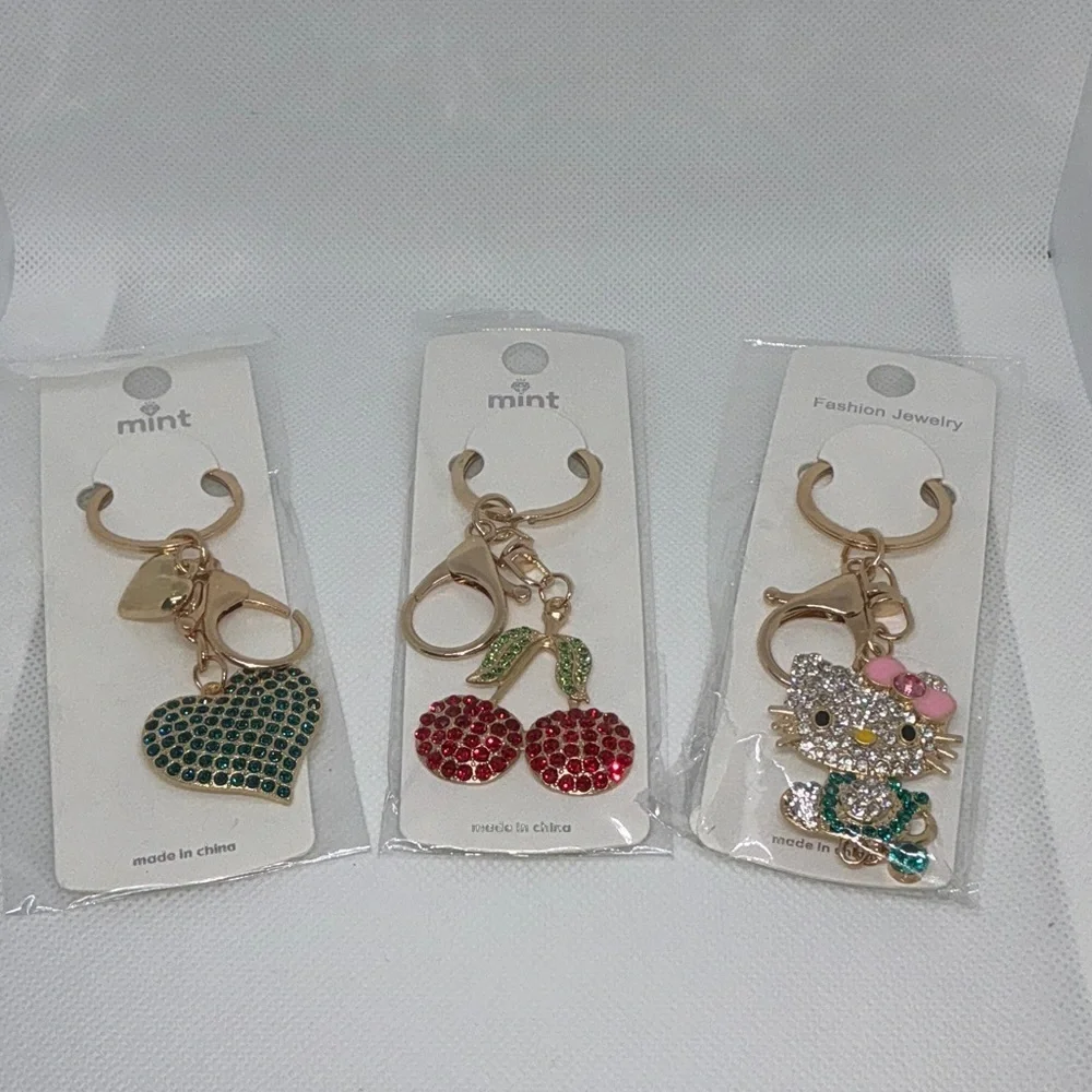 Keychain Trio Mint Green Heart and Red Cherry Bag Charm.